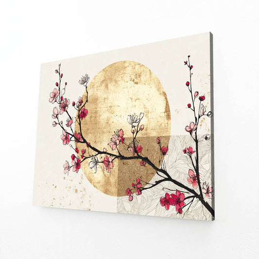 Golden Sun Sprig Cherry Blossom Canvas Art – angled canvas view on white background