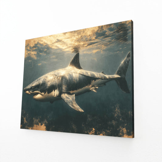 Golden Underwater Shark Canvas Art – angled canvas view on white background