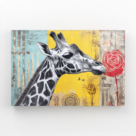 Canvas print with a giraffe illustration on a colorful abstract background