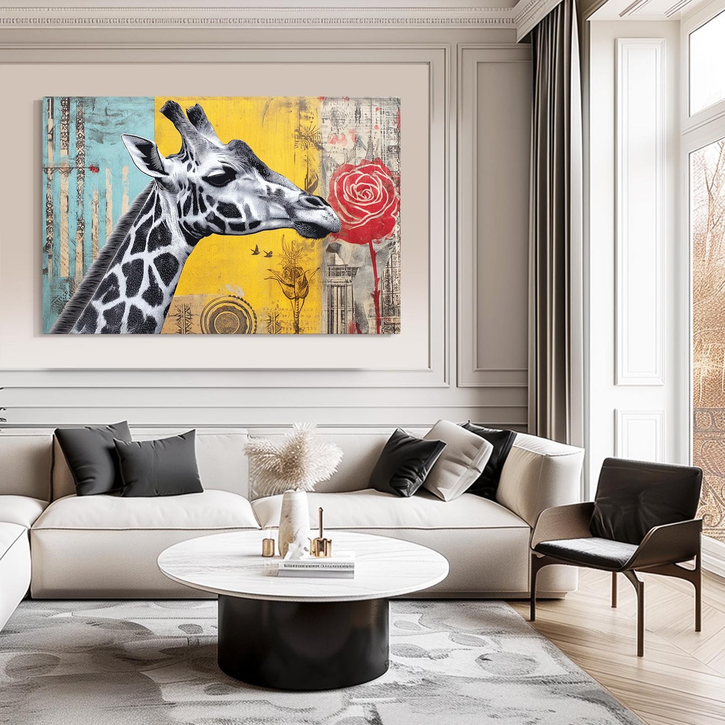 Modern living room with a giraffe painting on the wall