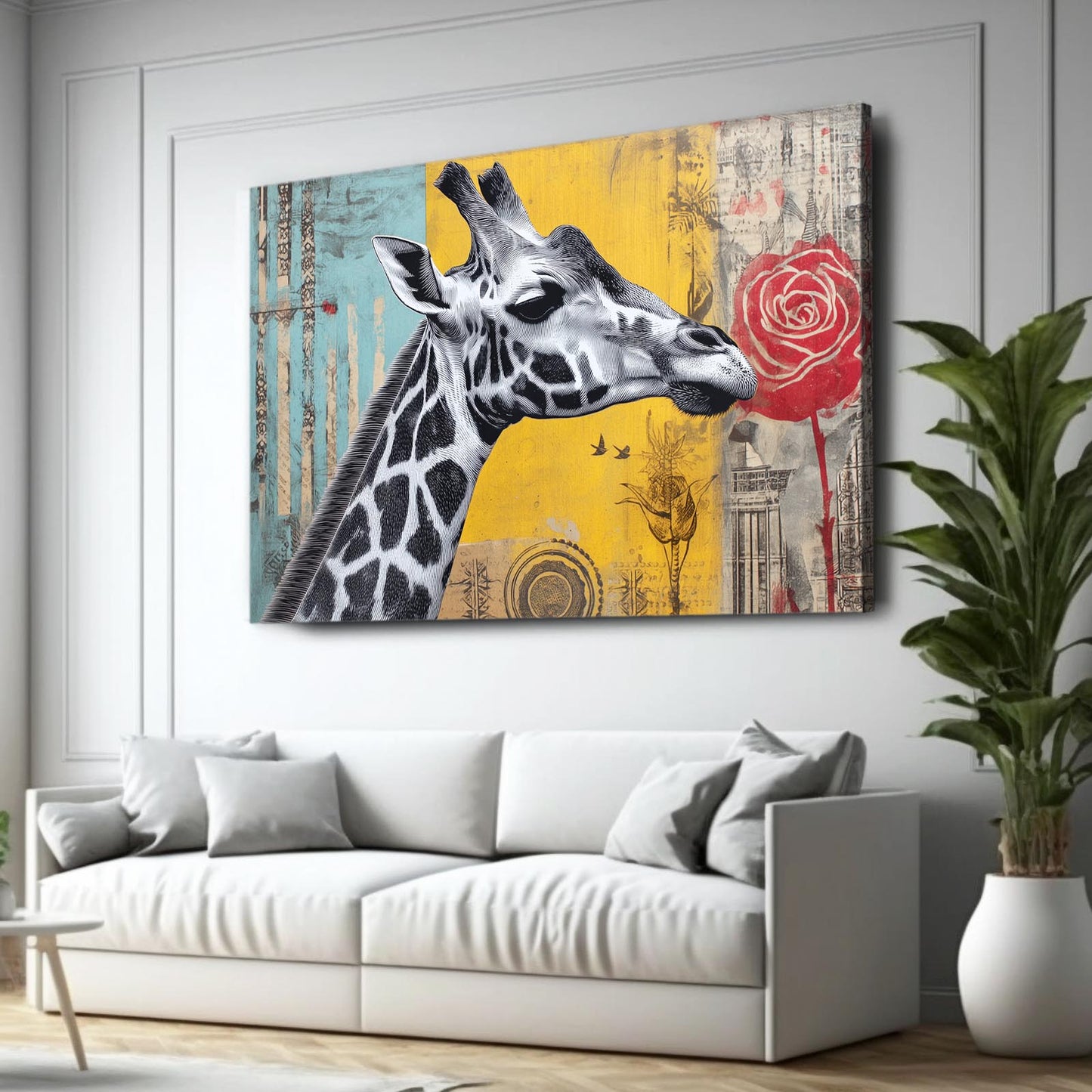 Colorful painting of a giraffe with a red rose on a wall above a white sofa.