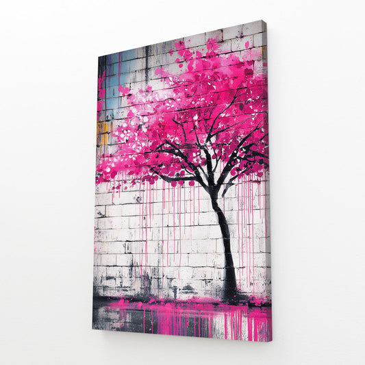 Graffiti Wall Tree Cherry Blossom Prints – angled canvas view on white background