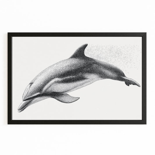Graphite Stipple Dolphin Print – with Premium Black wood frame on white background