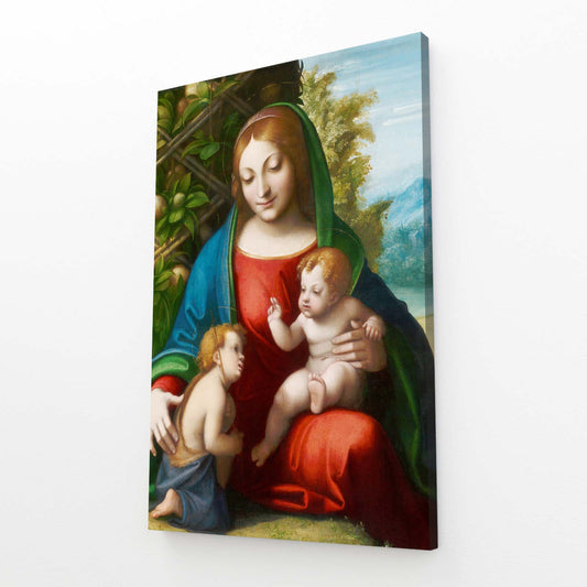 Green Bower Madonna Da Vinci Wall Art — realism canvas print, angled canvas view on white background