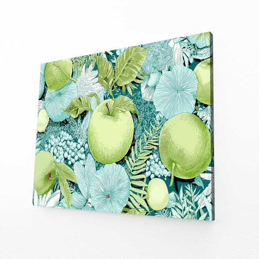Green Foliage Pattern Apple Wall Decor – angled canvas view on white background