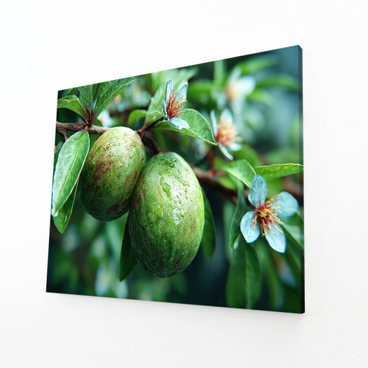Green Plum Branch Fruit Art – angled canvas view on white background