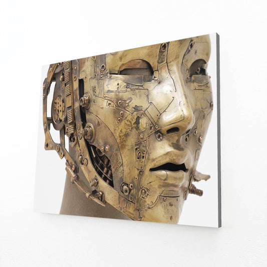 Half-Machine Face Mask Steampunk Wall Decor – angled canvas view on white background