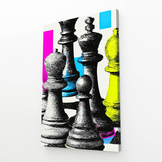 Halftone Pop Pieces Chess Canvas Art – angled canvas view on white background