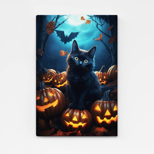 Halloween Night Cat Wall Art – angled canvas view on white background
