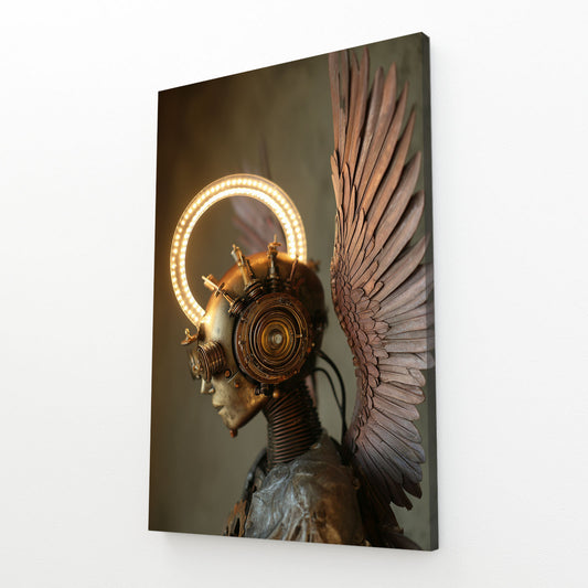 Haloed Clockwork Woman Steampunk Canvas Art – angled canvas view on white background
