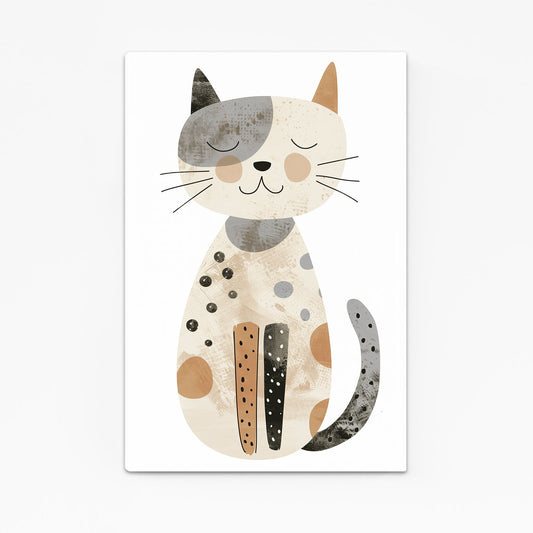 Happy Minimalist Cat Wall Art — cute canvas print in white tones, angled canvas view on white background