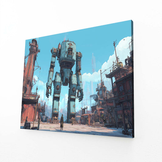 Harbor Battle Mech Steampunk Canvas – angled canvas view on white background