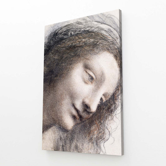 Head Of The Virgin Da Vinci Art — realism canvas print, angled canvas view on white background