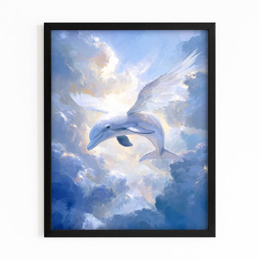 Heavenly Glide Dolphin Art – with Premium Black wood frame on white background