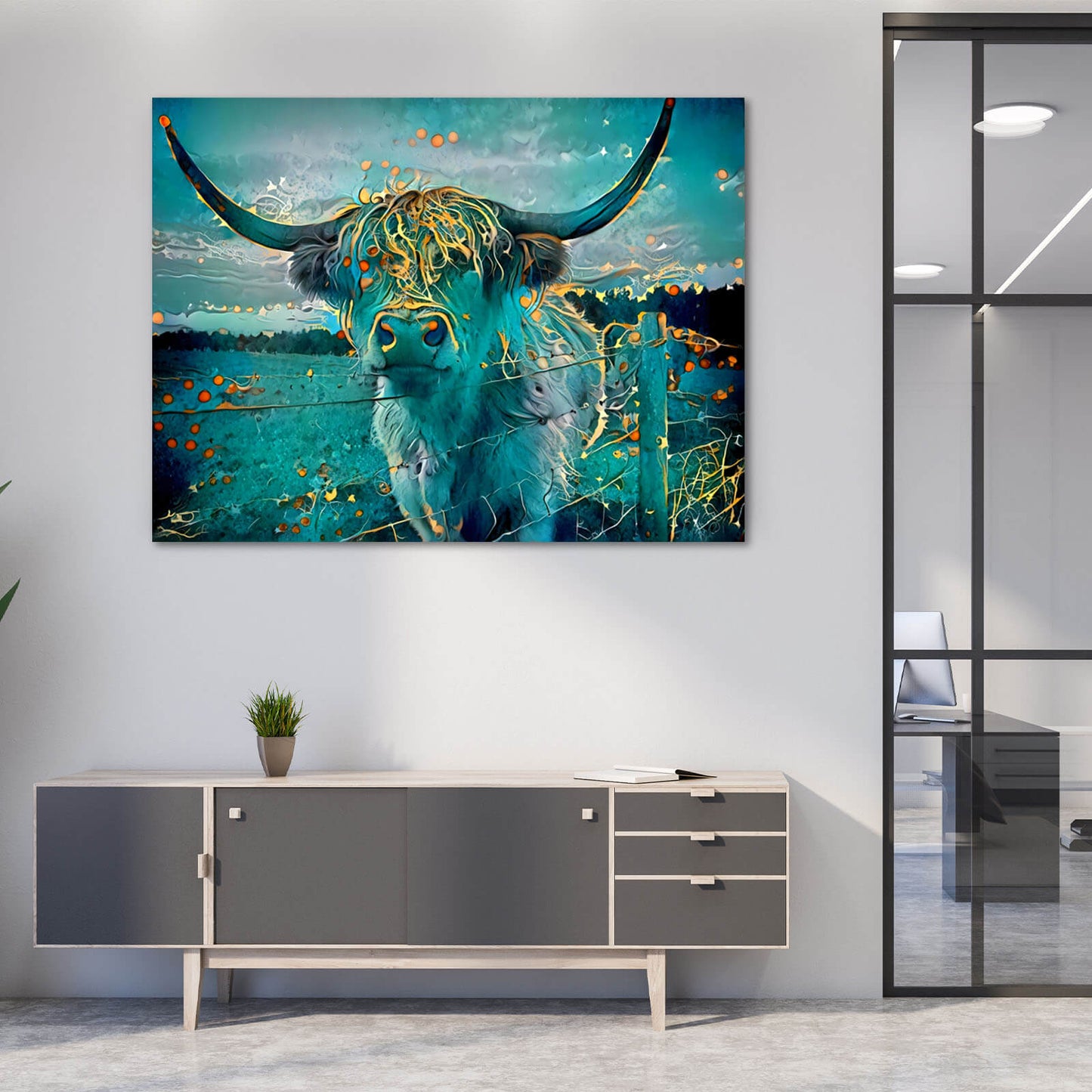 Highland Cow Wall Art – angled canvas view on white background