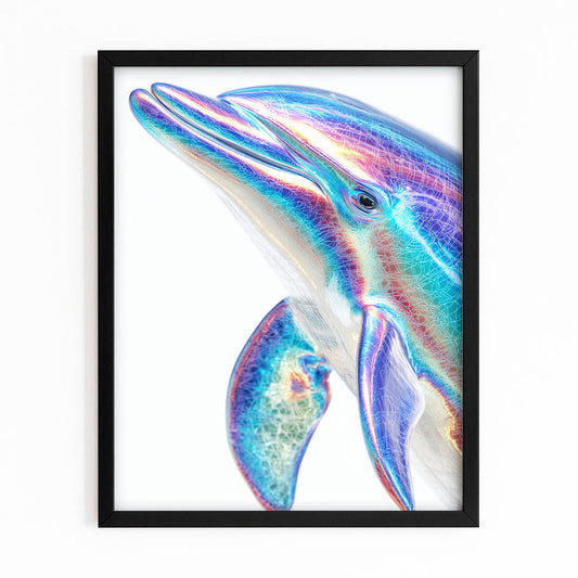 Holographic Chrome Dolphin Art – with Premium Black wood frame on white background