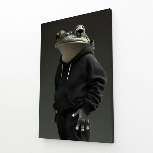 Hoodie Frog Portrait Canvas Art – angled canvas view on white background