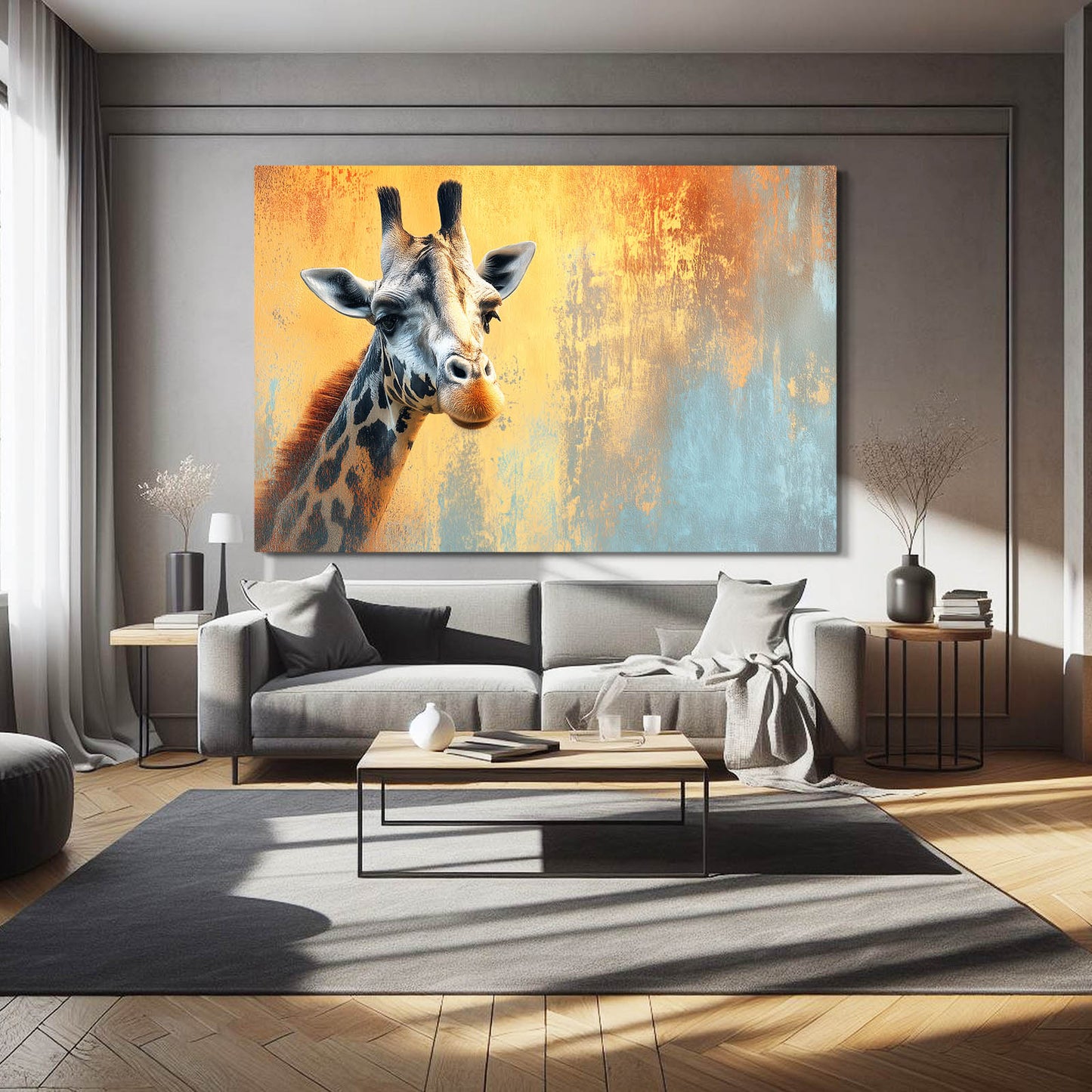 Living room with a large giraffe painting on the wall