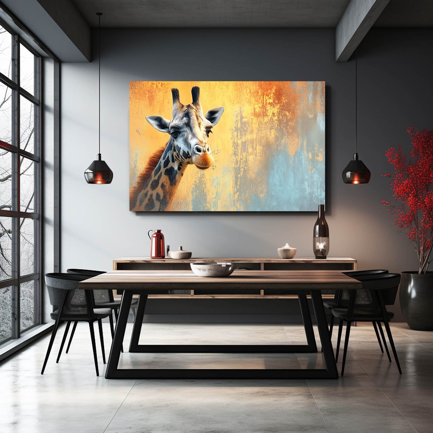 Dining room with a large painting of a giraffe on the wall above a wooden table.