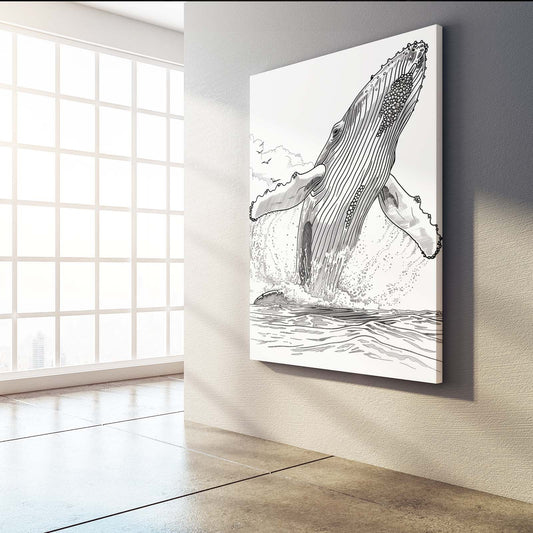 Humpback Whale Line Art — line canvas print in white tones, view 3