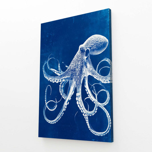 Indigo Line Study Octopus Wall Art – angled canvas view on white background