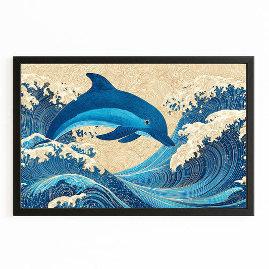 Indigo Wave Dolphin Art – with Premium Black wood frame on white background