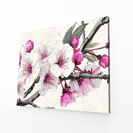 Ink Petal Sprig Cherry Blossom Art – angled canvas view on white background