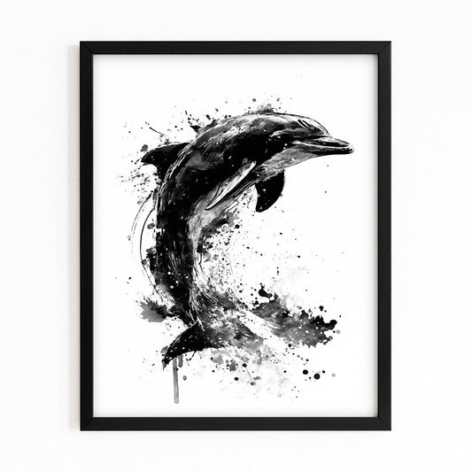 Ink Splash Dolphin Print – with Premium Black wood frame on white background