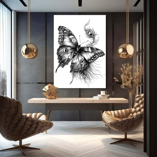 Ink Wings Butterfly Wall Art — black and white canvas print in white tones, view 3