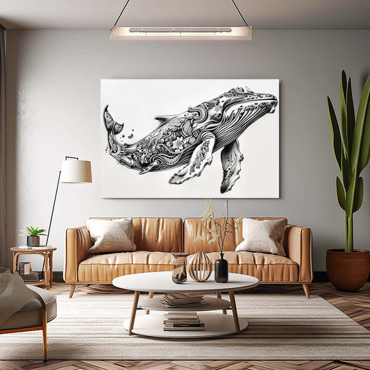 Inked Grace Whale Art — black and white canvas print in white tones, view 3