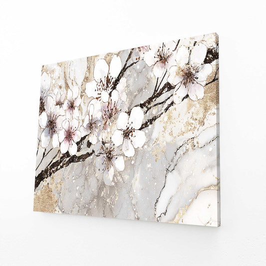 Ivory Marble Branch Cherry Blossom Wall Art – angled canvas view on white background