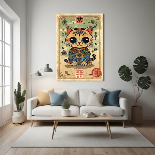 Japan Cat Wall Arts Canvas — anime canvas print in orange tones, view 3