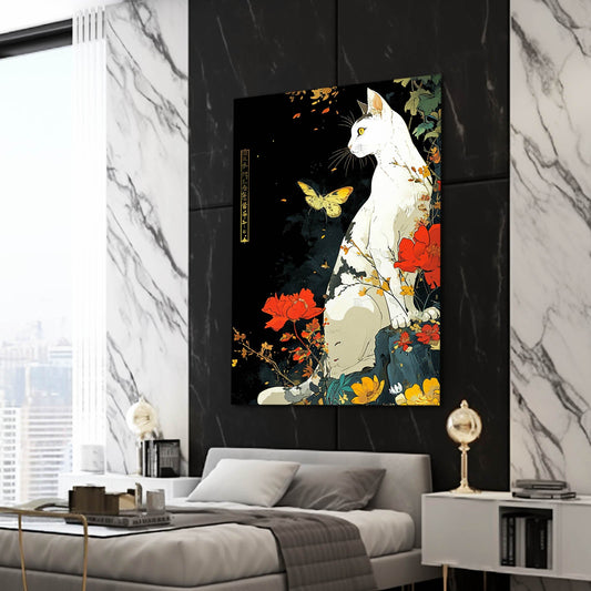 Japan White Cat Wall Art — japanese canvas print in white tones, view 3