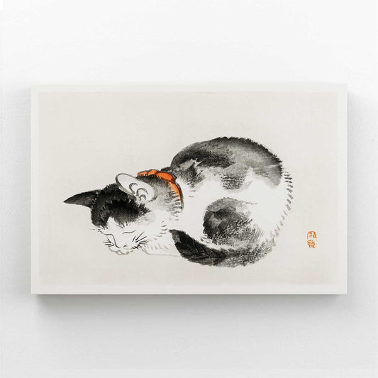 Japanese Cat Wall Art — japanese art canvas print in white tones, canvas print on white background