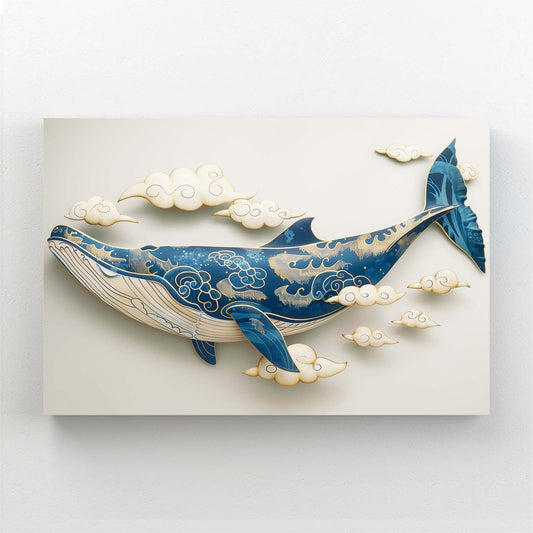 Japanese Whale Art Print — japanese art canvas print in white tones, canvas print on white background