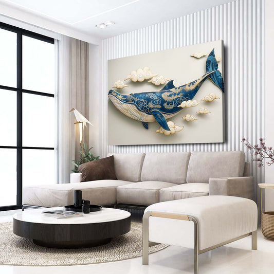 Japanese Whale Art Print — japanese canvas print in white tones, view 3