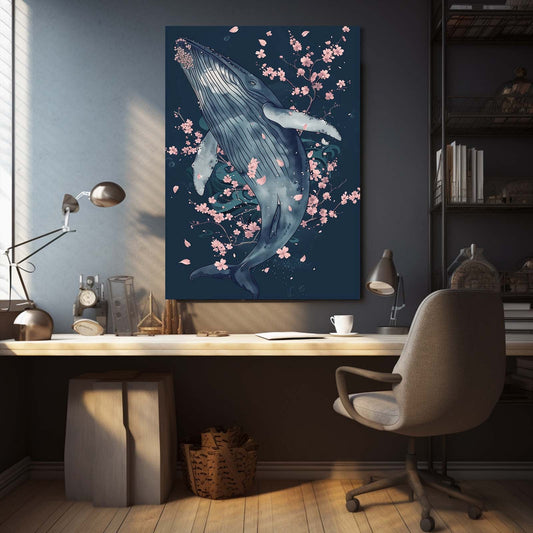 Japanese Whale Art — anime canvas print in blue tones, view 3