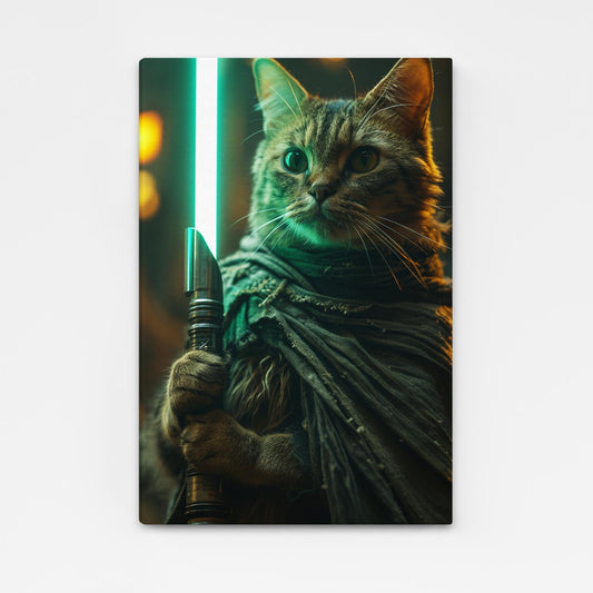 Jedi Warrior Cat Art — digital canvas print in green tones, angled canvas view on white background