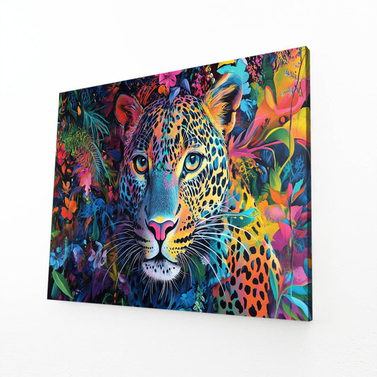 Jungle Color Explosion Leopard Canvas Art – angled canvas view on white background