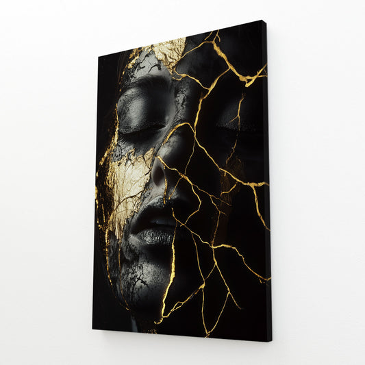 Kintsugi Gold Visage Abstract Prints – angled canvas view on white background