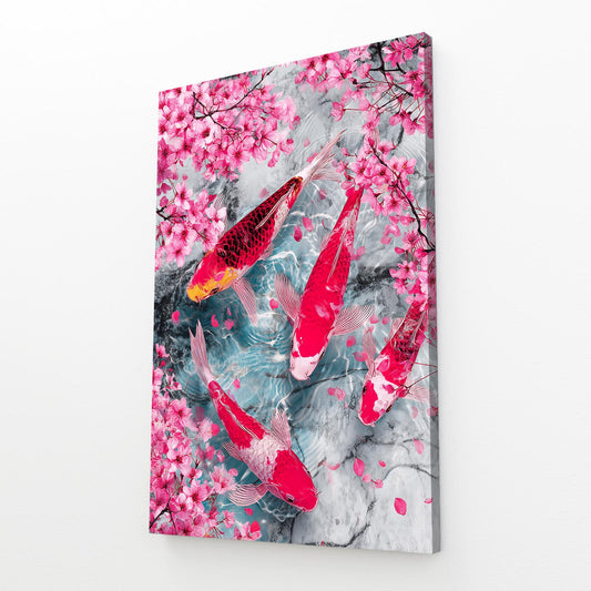 Koi Pond Petals Cherry Blossom Canvas Art – angled canvas view on white background