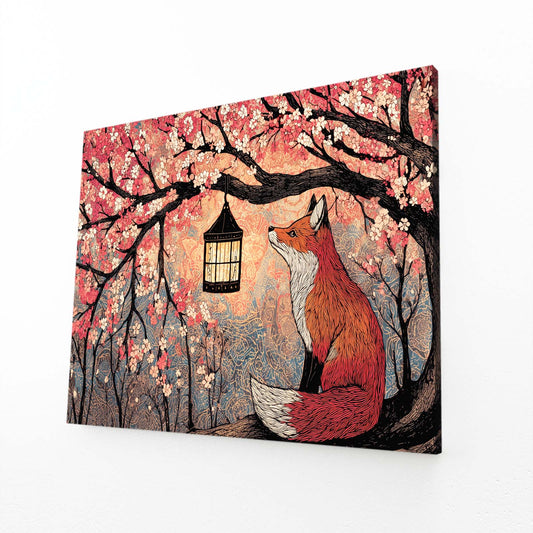 Lantern Fox Cherry Blossom Canvas – angled canvas view on white background