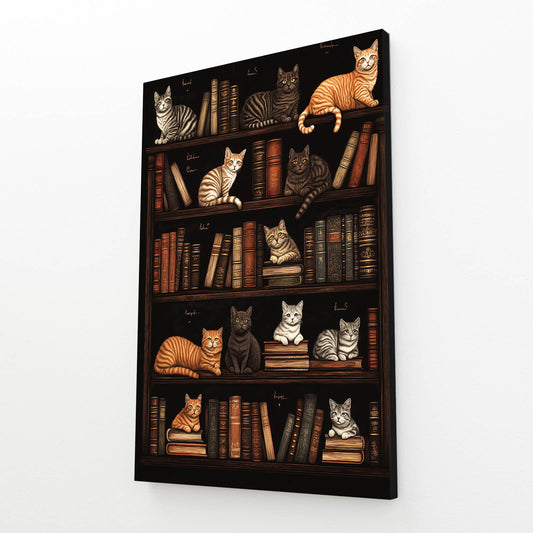 Library Shelf Cats Wall Decor — contemporary canvas print, angled canvas view on white background