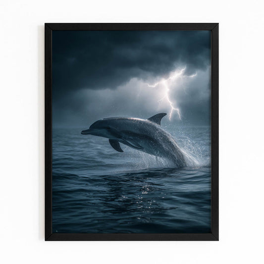 Lightning Storm Dolphin Art – with Premium Black wood frame on white background