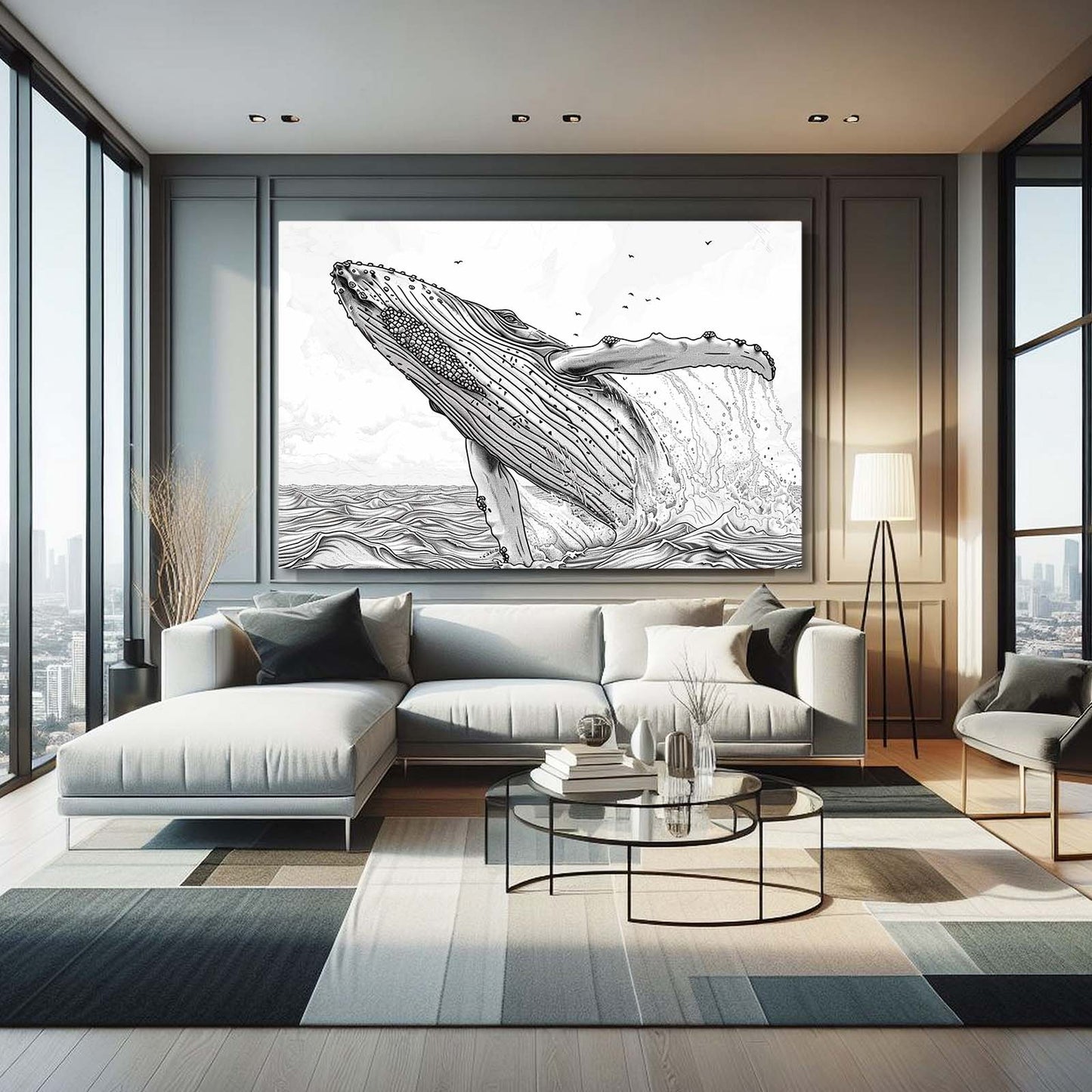 Line Art Black And White Whale Art