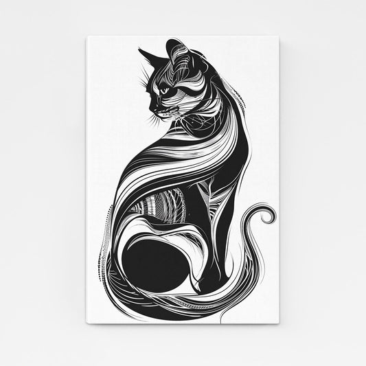 Line Art Cat Wall Art — black and white canvas print in white tones, angled canvas view on white background