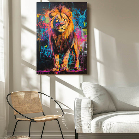 Lion Art Man Cave — cyberpunk canvas print in orange tones, view 3