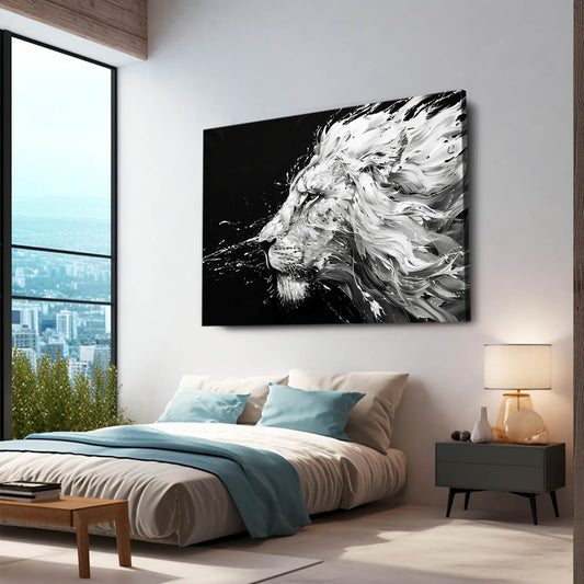 Windswept Mane Lion Canvas — black and white canvas print in white tones, view 3