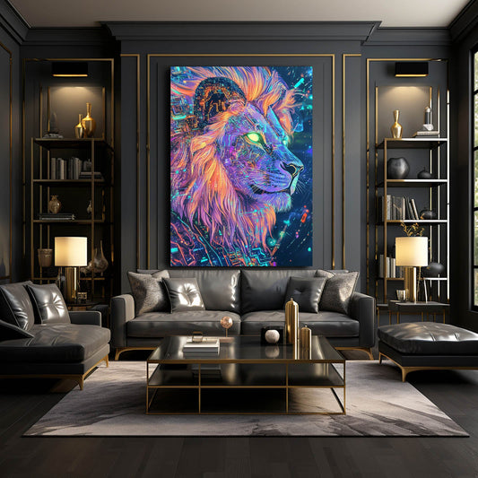 Lion Doodle Art — cyberpunk canvas print in blue tones, view 3