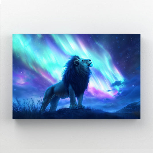 Radiant Night Lion Canvas — digital canvas print in blue tones, angled canvas view on white background